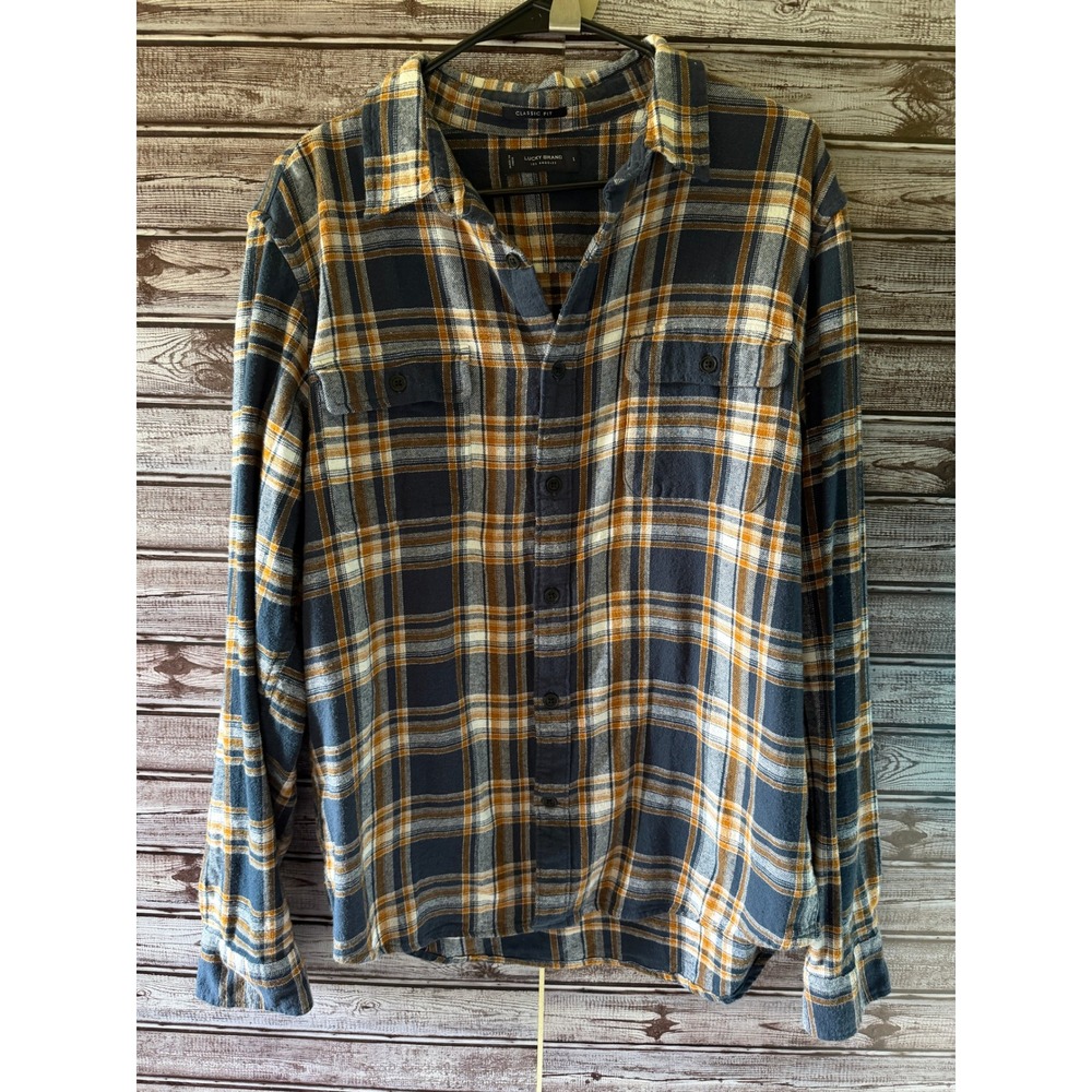 Lucky Brand Men's Flannel Long-Sleeved Button-Down Shirt Size L Blue Plaid‎